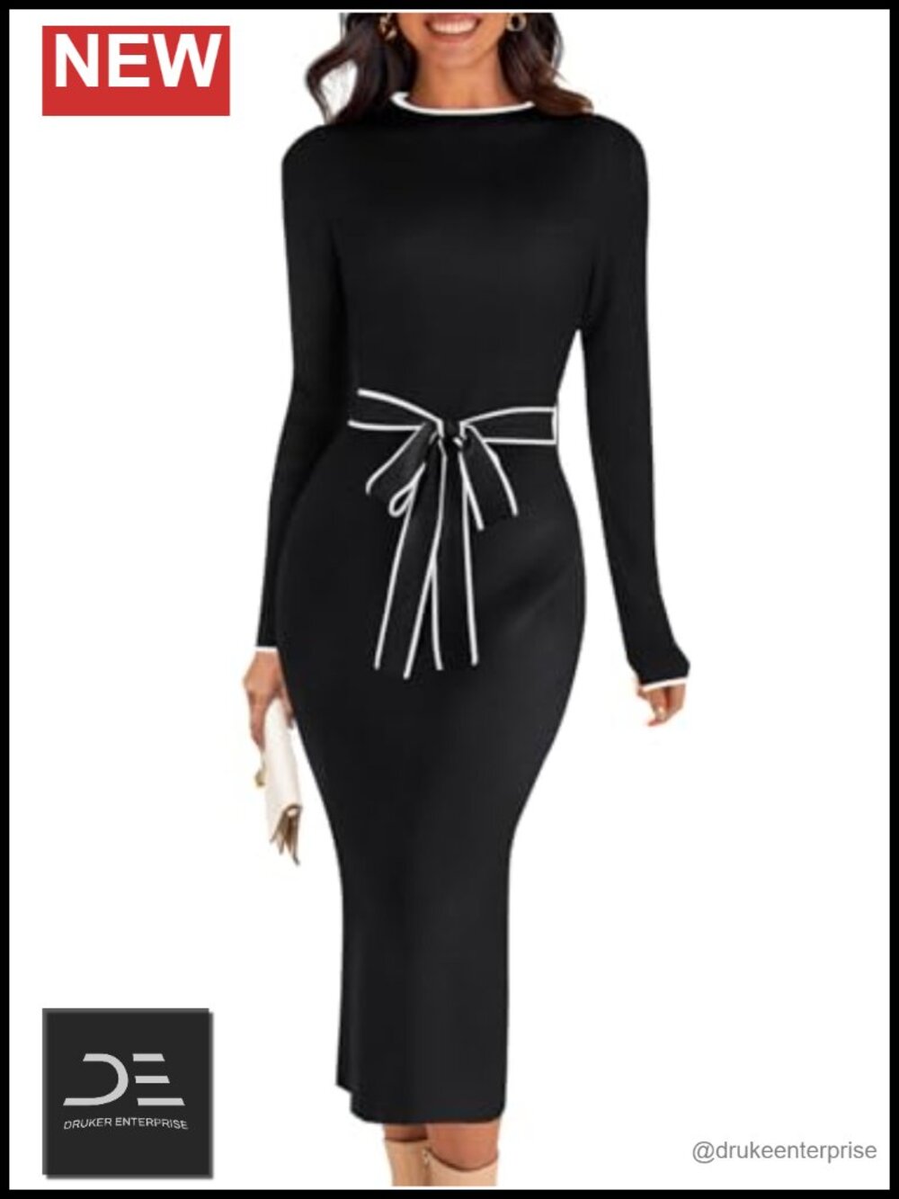 Women's Long Sleeve Ribbed Knit Bodycon Midi Sweater Dress Tie Waist